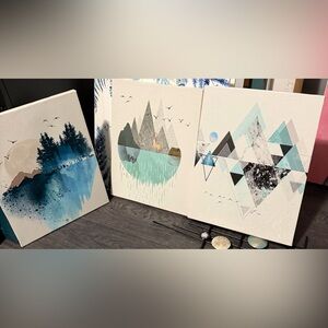 Mountain Lake Deer Canvas 3pc Art - Teal, Gray, Mint